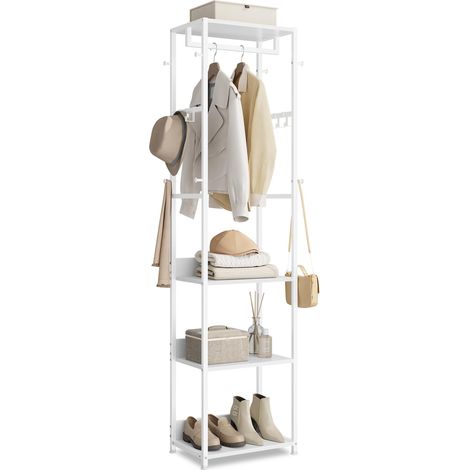 Porte-Manteau, avec Tringle, Crochets, Étagères, Cadre en Acier, pour Vêtements, Sacs, Chapeaux, Blanc Nuage RCR061WC02 (1/5)