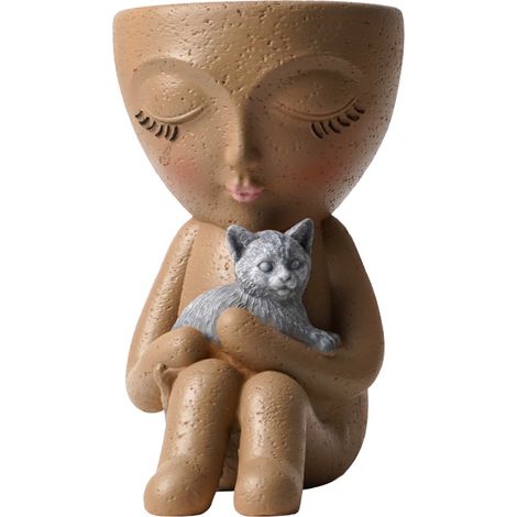Figurine Resine Petite Fille Brune Assise Tenant Chien Et Chat Pot De Fleur Succulente Decoration Jardin (1/2)