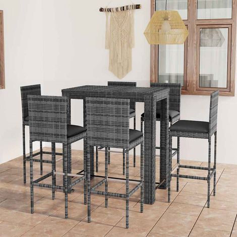 Ensemble de bar d'extérieur 7 pcs-Bar de jardin coussins Résine tressée Gris (1/5)