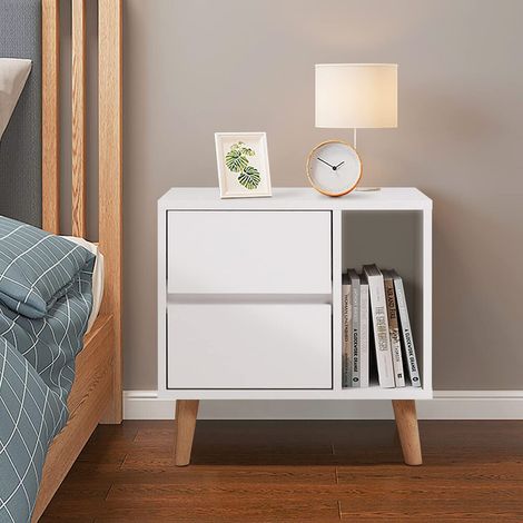 Bedside Table, Retro Cabinet Storage Unit, Open Side Storage, Nightstands with 2 Drawers, White (1/4)