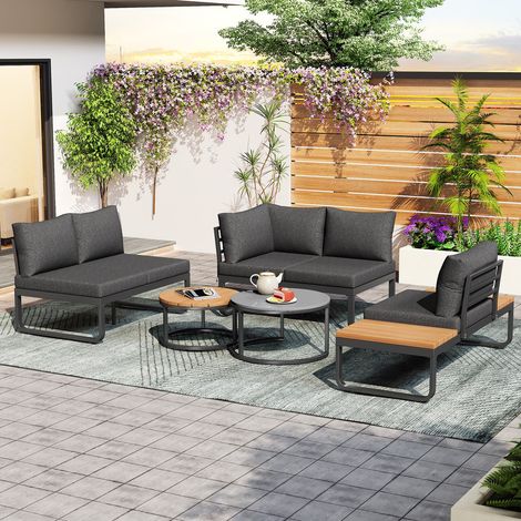 Salon de jardin 4-5 places 2 canapés 2 places fauteuil tablettes 2 tables empilables acier galvanisé pieds réglables coussins 10 cm gris