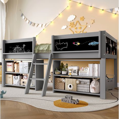Cama semialta minimalista 90x200 cm de pino y MDF gris con estantes, barandilla de seguridad, escalera y pizarra (1/5)