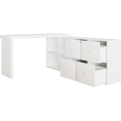 360° drehbarer Eckschreibtisch aus weißem MDF mit 4 Fächern und 4 Schubladen (1/5)