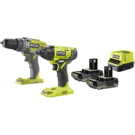 Pack de 2 machines RYOBI R18PD3 et R18ID2 18V – 2 batteries Li-Ion 2.0Ah – Moteur sans balais – Coffret de transport inclus