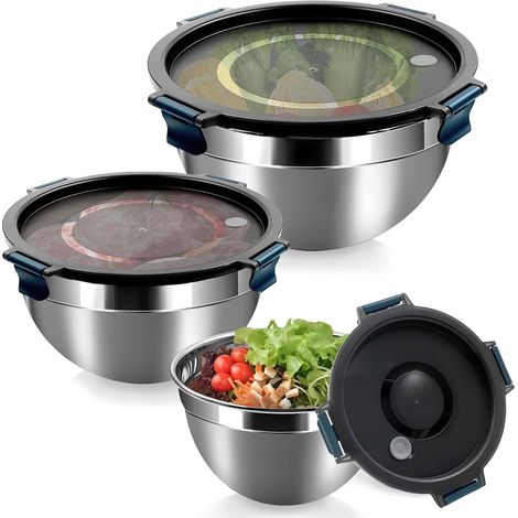 Bols de Mélange avec Couvercles Hermétiques-Lot de 3 Bols en Acier Inoxydable, Set de Préparation Alimentaire à Fermeture Hermétique Snap-Lock pour Cuisine,Salade (5L,3L,1.5L) (1/5)