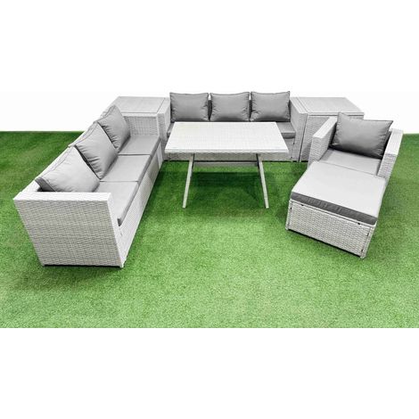 Fimous Outdoor Rattan Garden Furniture Dining Set 8-seater Patio Rectangular Table 3 Seater Sofa Armchair Set with 2 Side Tables Big Stool (1/4)