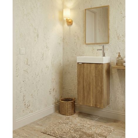 Lave‑mains suspendu Ana 40 cm, Meuble de salle de bain effet chêne, plan céramique, 1 porte poignée métallique, meuble lavabo mural pour petit espace (1/3)