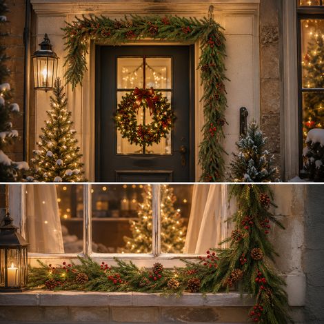 Jiubiaz Ghirlanda natalizia artificiale, 1.8 m, stile pino Norfolk, con palline, fiocchi di neve e nastri - Decorazione natalizia flessibile per casa, uffi... (1/5)