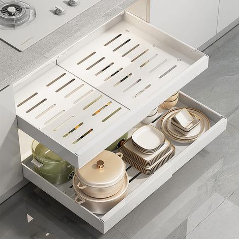 Ripiano estensibile per cassetto da cucina, bianco (32-52 cm) Ripiano estensibile per cassetto da cucina, cestello scorrevole per piatti (1/4)