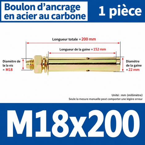 Goujon d'ancrage cheville métallique à expansion M18x200 mm perçage 22 mm 1 pièce m18 200 1 pièces 1 kg – Livraison gratuite
