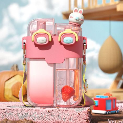 Gourde d'eau Kawaii avec Paille, Bouteille à Double Ouverture en Plastique, Sangle Réglable pour Sport et Voyage, Rose Corail 780ml
