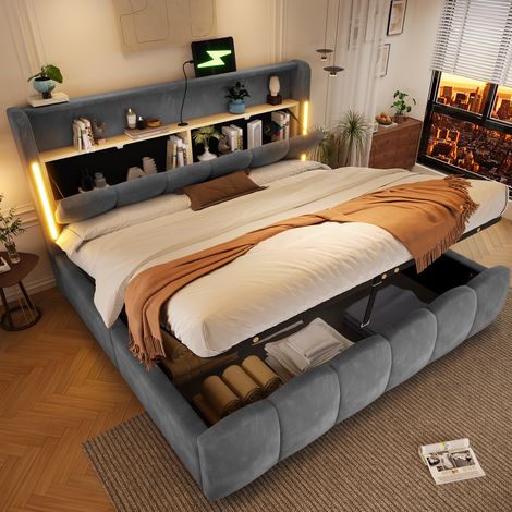 Cama tapizada con almacenamiento, 180x200 cm, iluminación LED, cabecero con compartimento, terciopelo gris (1/5)