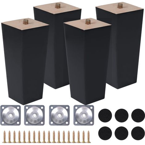 4 Pièces Pieds de Meuble Noir Bois 12cm Pieds de Lit avec Plaque de Montage Vis Patins en Feutre Carré Pieds Meuble Conique pour Canapé Armoire Lit Meuble TV Commode Fauteuil (1/5)