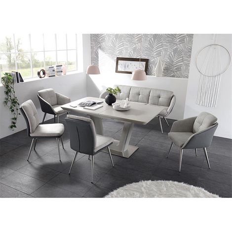 Esszimmer Set KAPRUN-119 6 tlg. Ausziehtisch 160-210 cm in matt new grey, Doppelsäule mit Bodenplatte