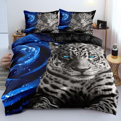 Parure de lit 3D 155x220 cm Léopard avec motif floral, microfibre, 2 taies d'oreiller 80x80 cm