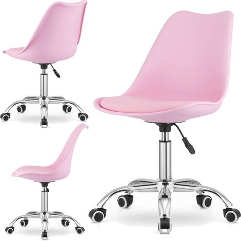 Chaise de bureau pivotante ergonomique rose – Hauteur réglable 46-58 cm – Base chrome – Roulettes caoutchoutées pour sol dur