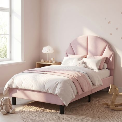 Letto per bambini 90x190 cm, letto singolo con testiera regolabile a forma di conchiglia, struttura in velluto, stile moderno scandinavo, rosa