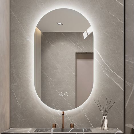 Specchio da parete 60x90 cm con illuminazione LED e funzione antiappannamento, in vetro e metallo, argentato (1/5)