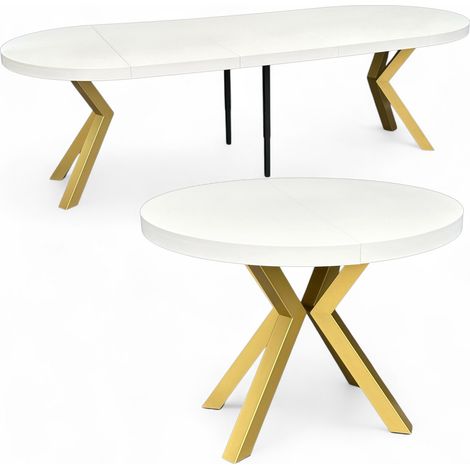 Großer runder Esstisch Weiß (Ø110/310 cm) Ausziehbar mit Goldenen X-Metallbeinen (1/5)