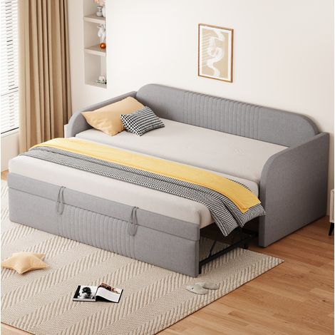 Divano letto panca convertibile 90/180x190 cm con rete a doghe, tessuto lino grigio chiaro, struttura metallo (1/5)