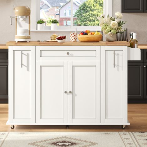 Îlot de cuisine mobile 120x70x87 cm, desserte à roulettes avec plateau rabattable, 3 tiroirs, 2 portes et étagère à épices, MDF, Blanc (1/5)