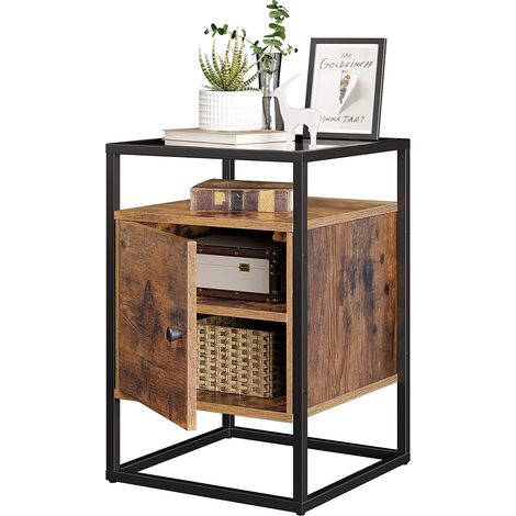 Table de Chevet, Table de Nuit, Table d’appoint, Bout de canapé, en Verre trempé, avec Placard, pour Chambre, Salon, Couloir, Stable, Montage Facile, Style Industriel, Marron Rustique (1/5)