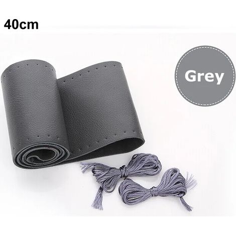 Housse de volant en cuir de vachette véritable tressé avec aiguilles (gris, 40 cm) - Accessoire de style intérieur pour voiture (1/5)