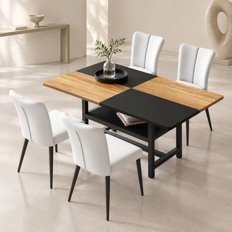 Rechteckiges Esstisch-Set 160 cm mit Stauraum, 4 hellgraue PU-Stühle, MDF und Metall (1/5)