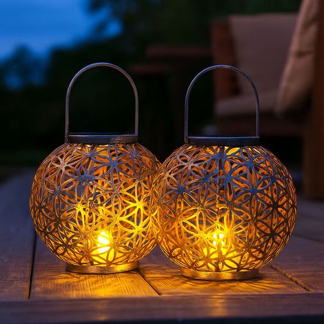 Lampe solaire d'extérieur, lampe solaire orientale à LED, lanterne solaire d'extérieur, effet lumineux fleur de vie, 1x LED blanc chaud, DxH 20x29 cm, lot de 2
