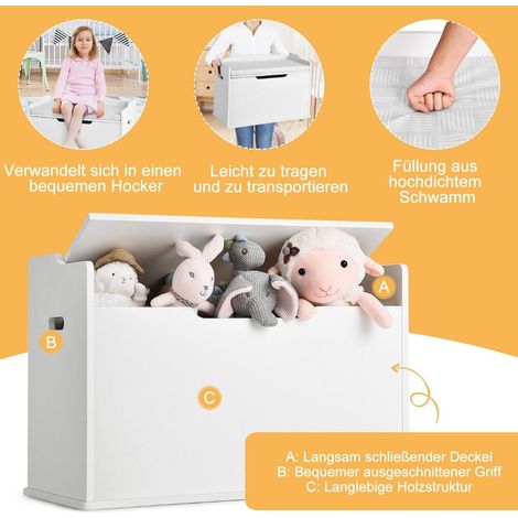 Caja para juguetes con tapa Baúl para juguetes 2 en 1 con cojín armario para juguetes 74 x 39 x 52 cm blanco