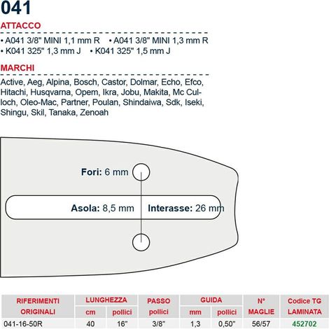 Barra motosega 40 cm - 16" passo 3/8" Spessore 1.3 mm - .050" attacco 041 - 452702