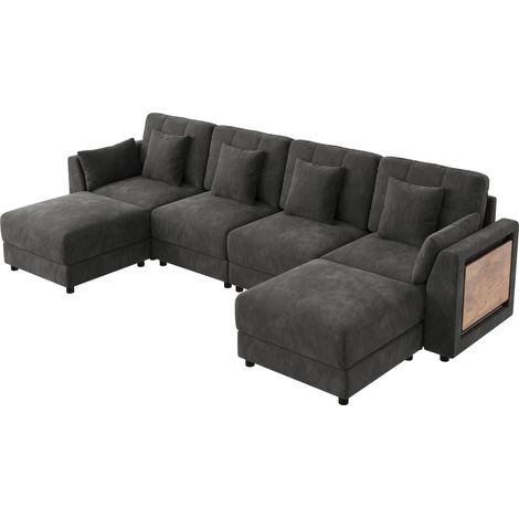 Modulares U-/L-Ecksofa aus Chenille grau mit 2 Hockern, LED und Klapptisch (1/5)