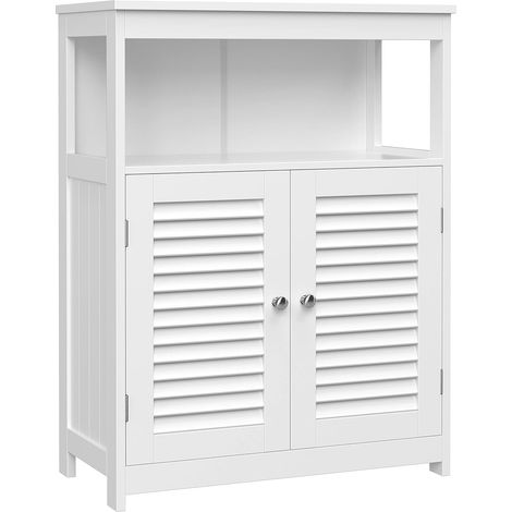 Vasagle – Meuble sous vasque double blanc 60 x 30 x 80 cm – Panneau MDF robuste – Compartiment ouvert et étagère avec 2 portes – Rangement optimisé (1/8)