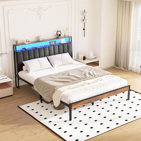 Dewinner – Cadre de lit 160x200cm avec éclairage LED – 1 prise AC et 2 ports USB – Tête de lit capitonnée – Rangement sous le lit 26,5cm – Structure métallique robuste