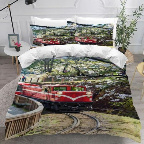 Bettwäsche-Set 135x200 cm mit 2 Kissenbezügen 80x80 cm, 3D-Druck Zugmotiv, Mikrofaser