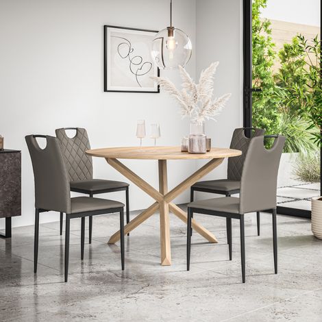 Malvern Round Dining Table And Chairs - Oak Table Top w Solid Oak Legs + Monza Faux Leather Dining Chair Set Of 4 (Grey) (1/5)