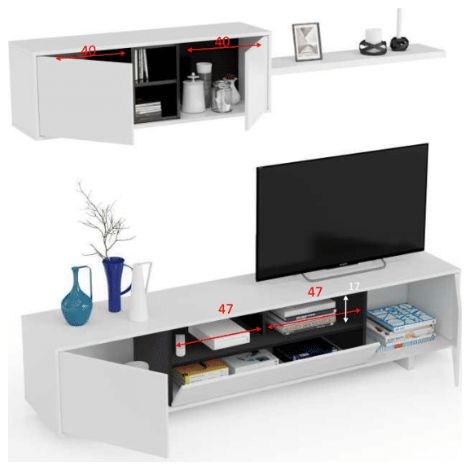 Abitare – Mur TV 200 cm blanc brillant et gris anthracite – Meuble TV moderne avec rangement – Panneaux d'aggloméré mélaminé – Dimensions 200x41x46cm (1/8)