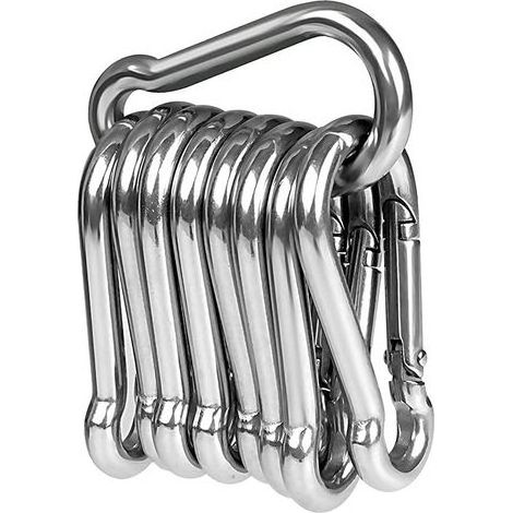 Lot de 10 mousquetons robustes inox 60x6 mm avec système à cliquet, crochets de traction et fixation (1/5)