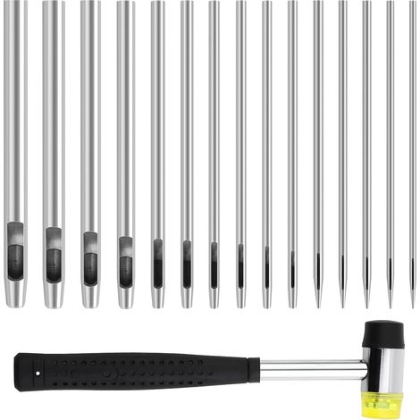 15 Pieces Leather Punch Cutters with 1 Rubber Hammer, Hollow Punch Works on Leather, Straps, Fabric (15 Sizes) (1/5)