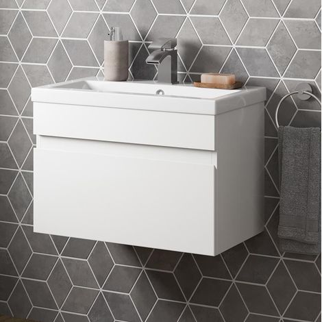 White Gloss Bathroom Furniture Vanity Unit with Basin Sink Cabinet Storage 600mm Drawer Wall Hung (1/7)