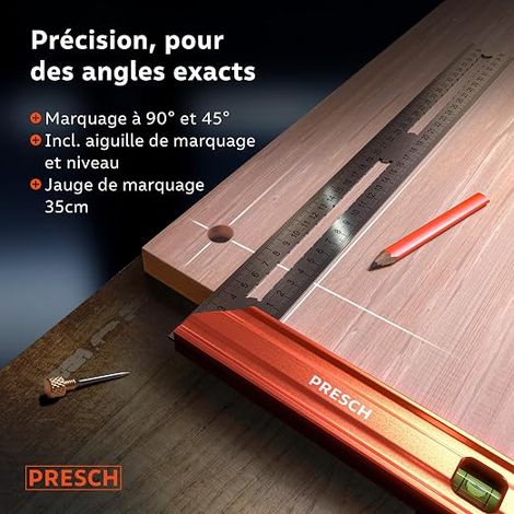 Presch Carpenter Square 350 mm Large with Gauge (35 cm), Spirit Level and Marking Point 90° and 45° Degree - Hat Square, Precision Square and Carpenter (1/4)