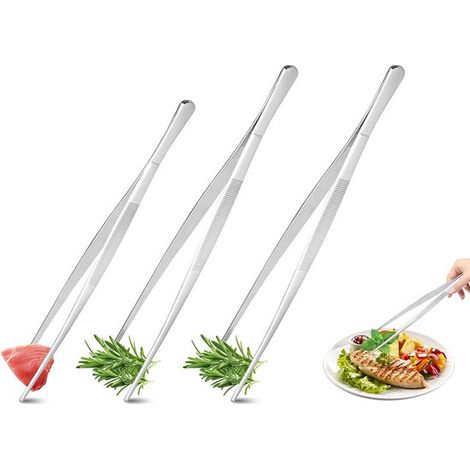 Pinzas de cocina de acero inoxidable，Juego de 3 piezas，Pinzas largas para cocinar，asar a la parrilla y hornear，Pinzas de precisión para carne (1/5)