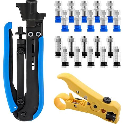 Ensemble de Pinces à Compression: Kit D'Outils de Sertissage de Câble Coaxial, Jeu de Pinces à Sertir avec 20 Connecteurs à Compression F RG6, Outil de Dénudage pour Câbles Coaxiaux (1/5)