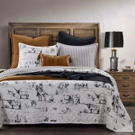 Parure de lit 3 pièces avec taies d'oreiller, imprimé Cowboy Blanc et Noir, 1 Couette, 2 taies d'oreiller (1/5)