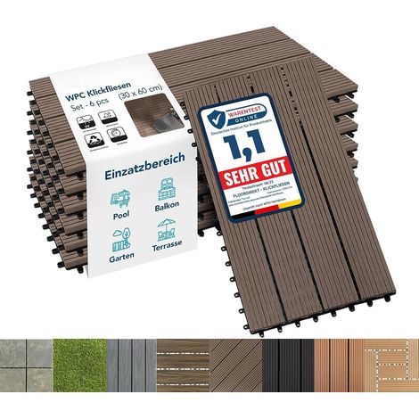 Floordirekt – Dalles de terrasse WPC marron foncé 60 x 30 cm – Lot de 6 – Système de clic – Résistantes aux intempéries – Fonction de drainage