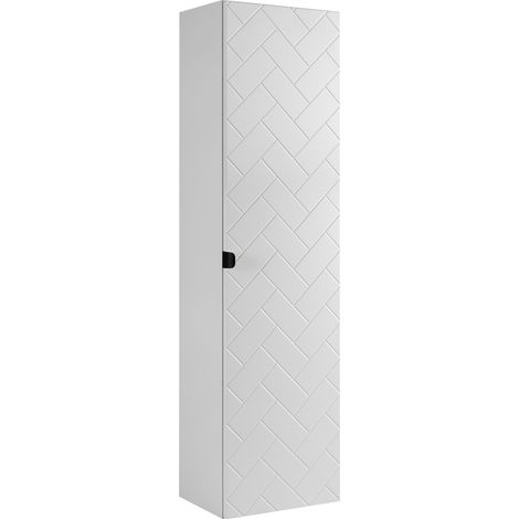 Furnidea - Meuble colonne suspendu de salle de bain MADIS BLANC 35 X 136 cm B - façades motif chevron, design moderne (1/5)