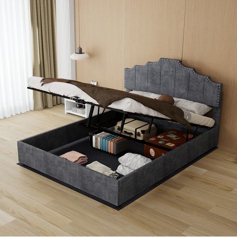 Cama con canapé 140x200 cm con somier de láminas y cabecero de terciopelo gris DESVIAE (1/5)