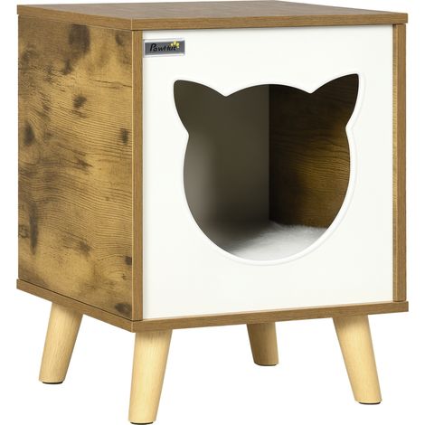 Katzenhaus aus Holz, Indoor-Katzenhaus mit waschbarem Kissen und erhöhten Beinen, 34 x 34 x 44,5 cm, Braun