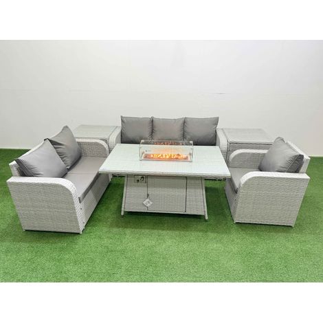 Fimous Patio PE Wicker 6 Seater Outdoor Rattan Furniture Sofa Sets with Firepit Dining Table Reclining Chair Loveseat Sofa 3 Seater Sofa 2 Side Table Light Grey (1/4)