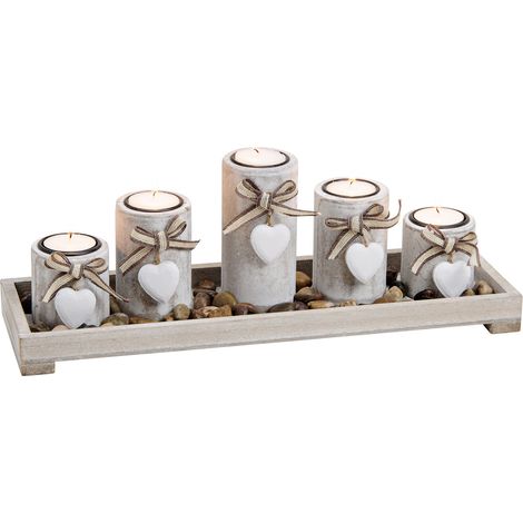 Teelichthalter Dekoset 7-teilig mit Tablett - antik weiß - Tischdeko Set inklusive Steine - Kerzen Tablett Teelicht Halter Tisch Deko Landhaus inklusive Kies und Sand